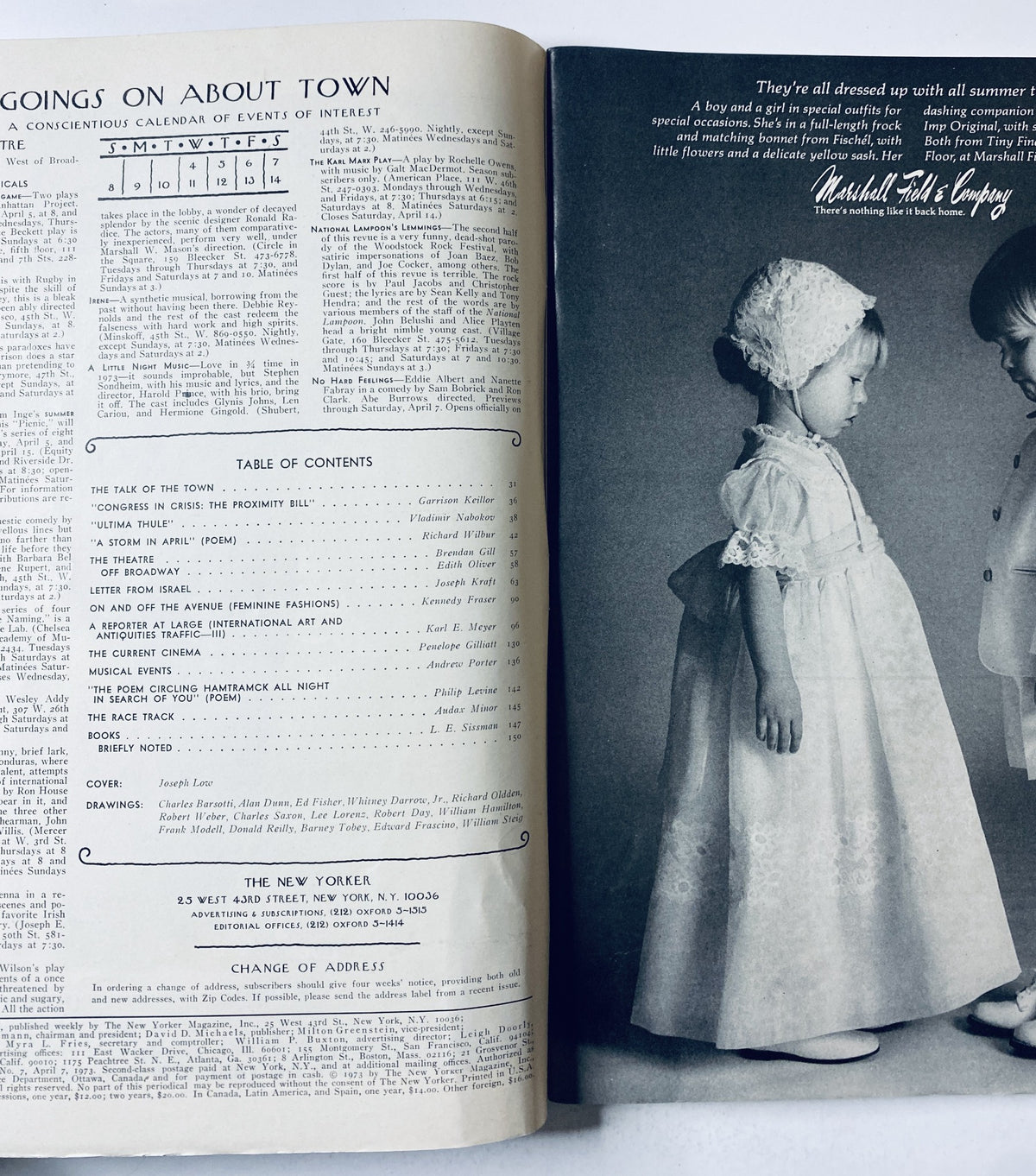 Inside view of The New Yorker Magazine dated April 7, 1973, showcasing the Table of Contents and featured articles, including 'The Talk of the Town' and a poem titled 'A Storm in April'.