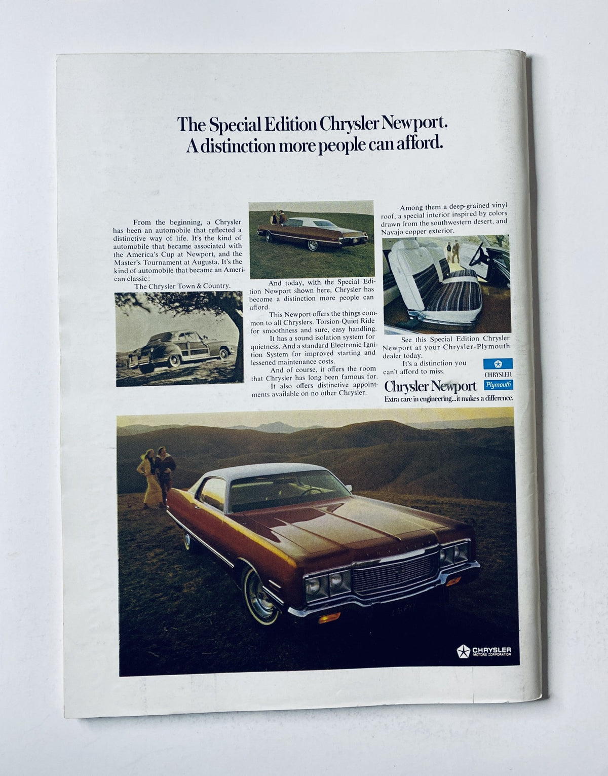 Advertisement from The New Yorker Magazine April 7, 1973, for the Special Edition Chrysler Newport, showcasing the car in a picturesque outdoor setting, emphasizing luxury and distinction.