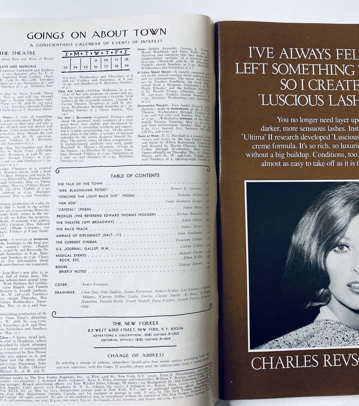 Interior pages of The New Yorker Magazine, May 12, 1973, showcasing the Table of Contents and calendar of events.