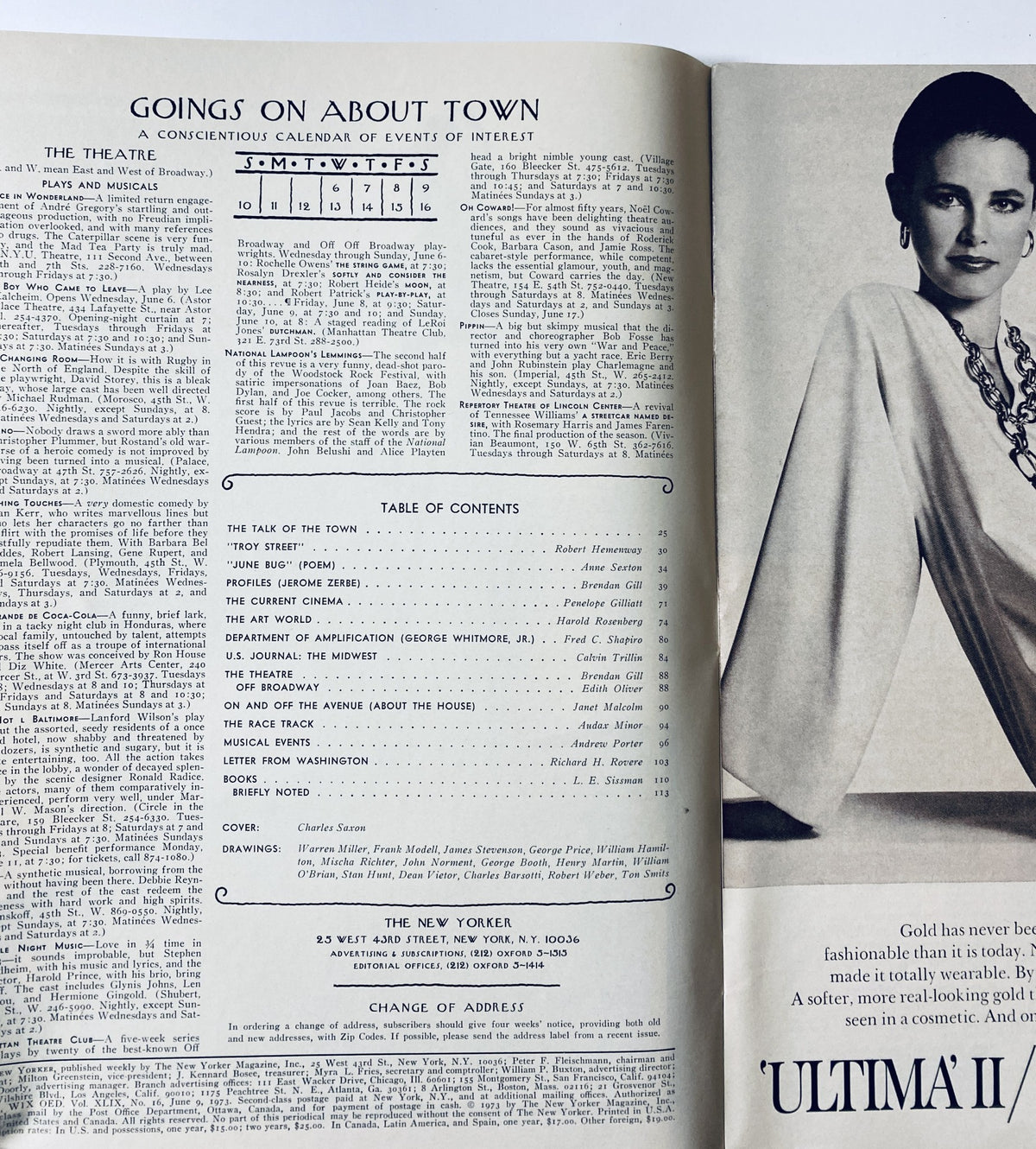 Inside spread of The New Yorker Magazine June 9, 1973 showing the Table of Contents and 'Goings On About Town' calendar featuring listings of events and articles.