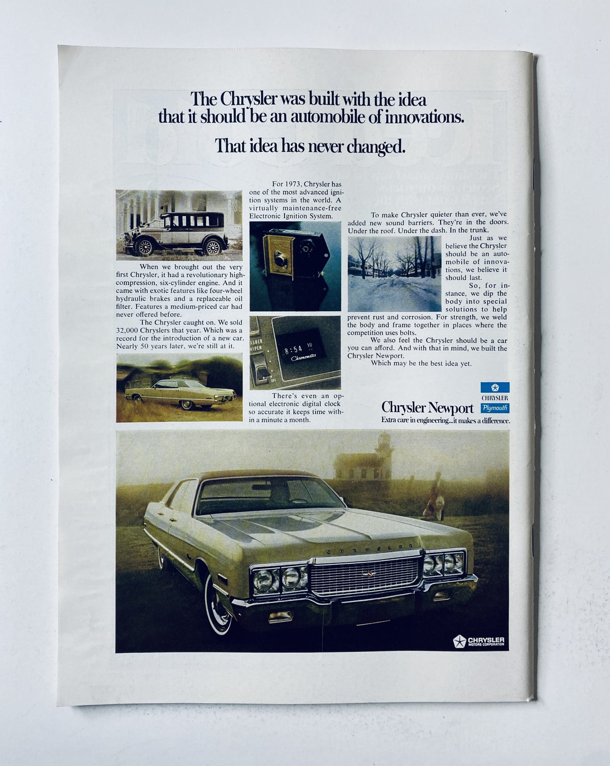 The New Yorker Magazine February 24, 1973 advertisement for Chrysler Newport, highlighting the innovative design and features of the automobile alongside the magazine's iconic cover.