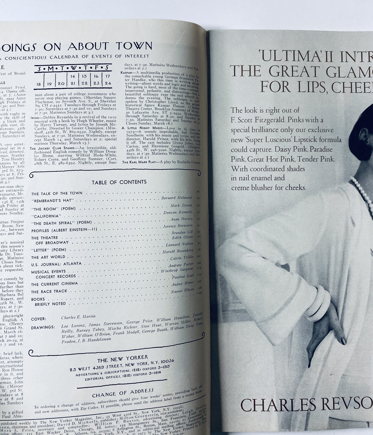 Inside page of The New Yorker magazine, March 17, 1973, showing calendar events and 'ULTIMATII INTERESTING' advertisement with a model showcasing lipstick and the brand Charles Revson.