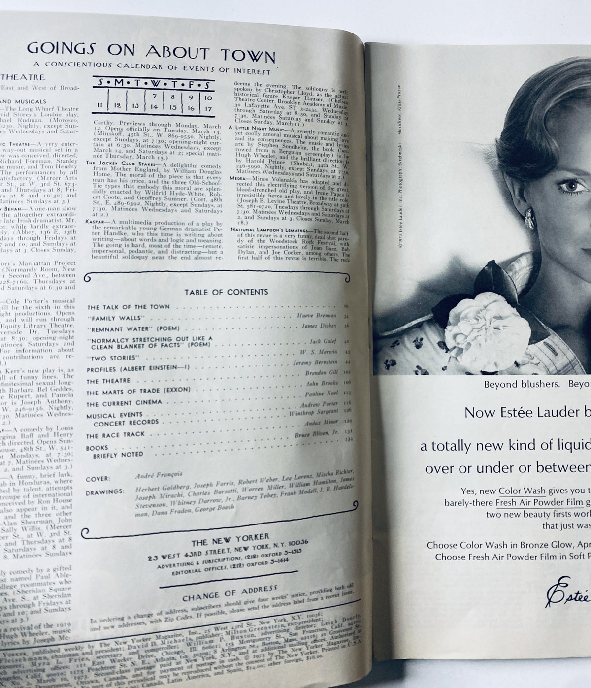 Inside page of The New Yorker Magazine, March 10, 1973, showing the Table of Contents and summary of events in the section 'Goings On About Town.'