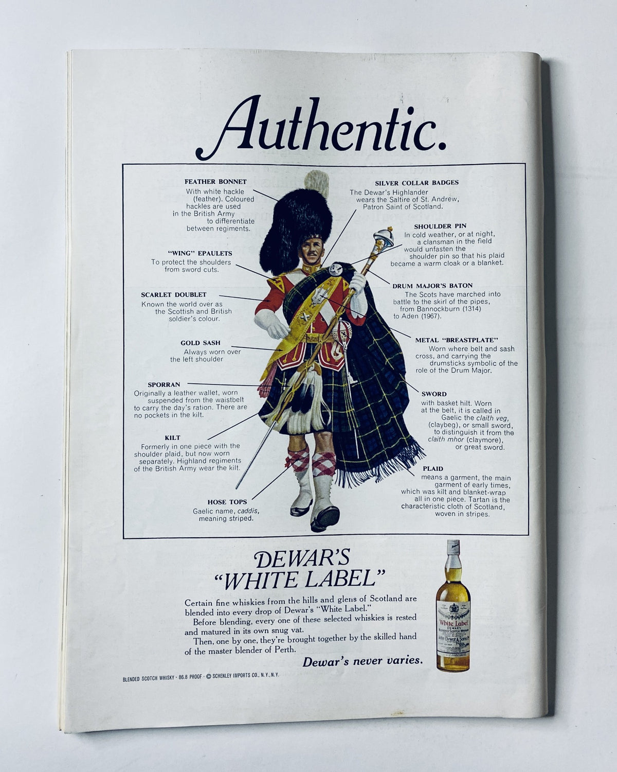 Back cover of The New Yorker Magazine, March 10, 1973, advertising Dewar's White Label Scotch whisky with an illustration of a Scottish piper.