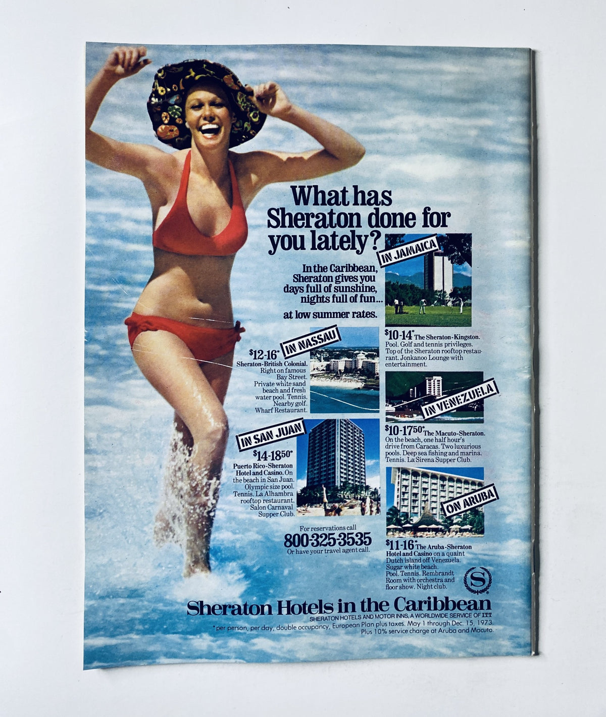 Vintage advertisement featuring a smiling woman in a red bikini enjoying the beach, promoting Sheraton Hotels in the Caribbean with a tagline asking 'What has Sheraton done for you lately?' This ad is from The New Yorker Magazine August 27, 1973, with a Flying Bird Runway cover by R. Searle.