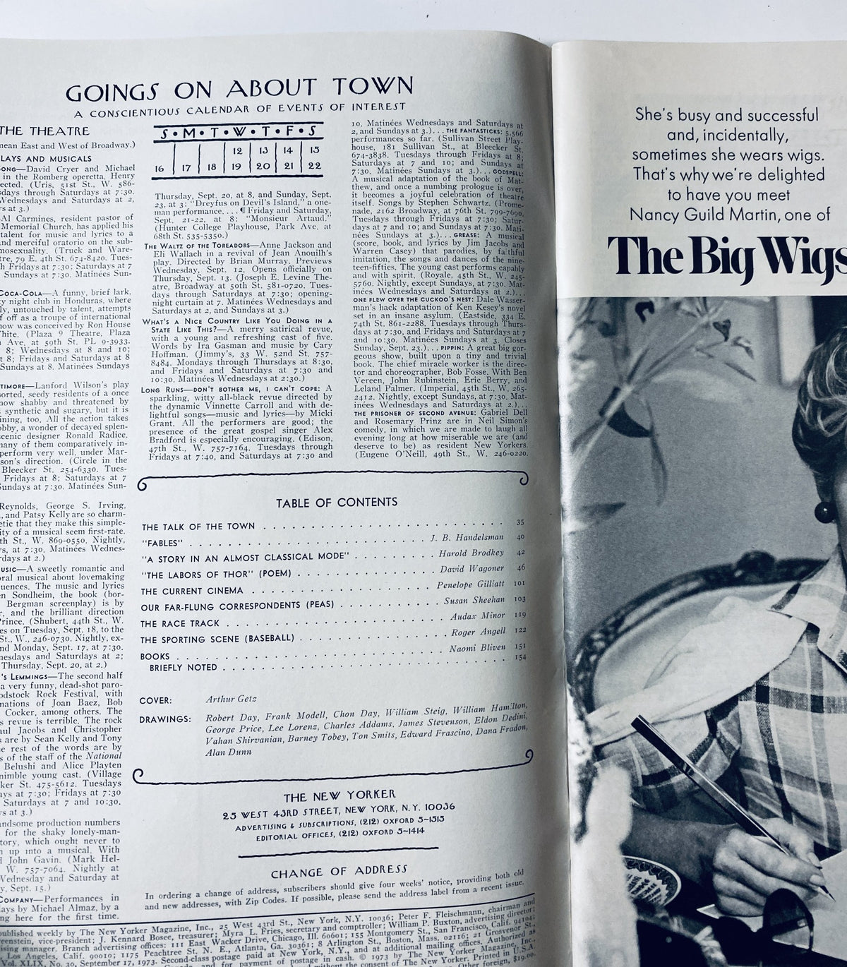 Interior page of The New Yorker Magazine September 17, 1973, showing the calendar of events and the table of contents including ‘The Talk of the Town’.