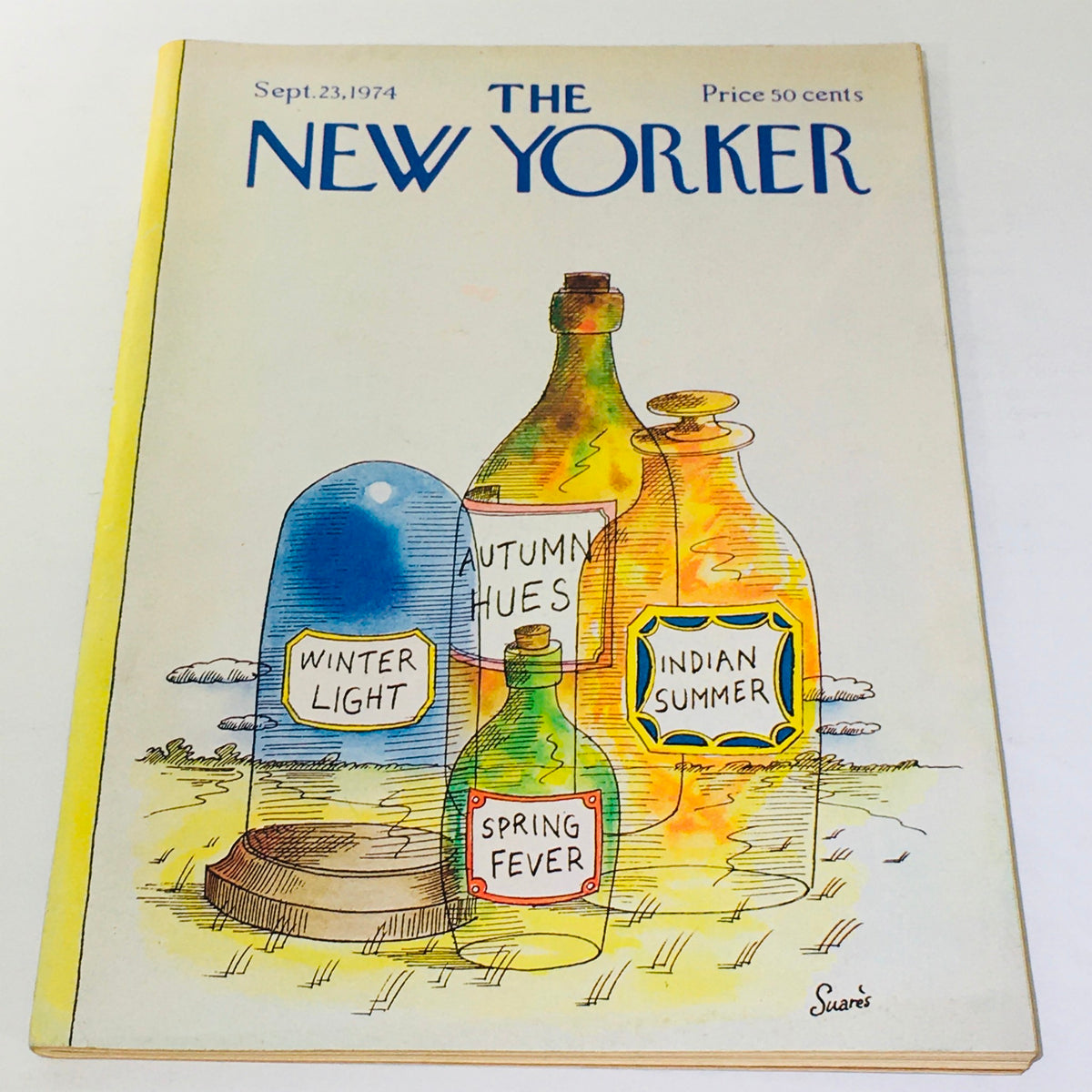 Cover of The New Yorker: September 23, 1974, featuring a whimsical illustration by Jean-Claude Suares with bottles labeled 'Winter Light', 'Autumn Hues', 'Spring Fever', and 'Indian Summer'.