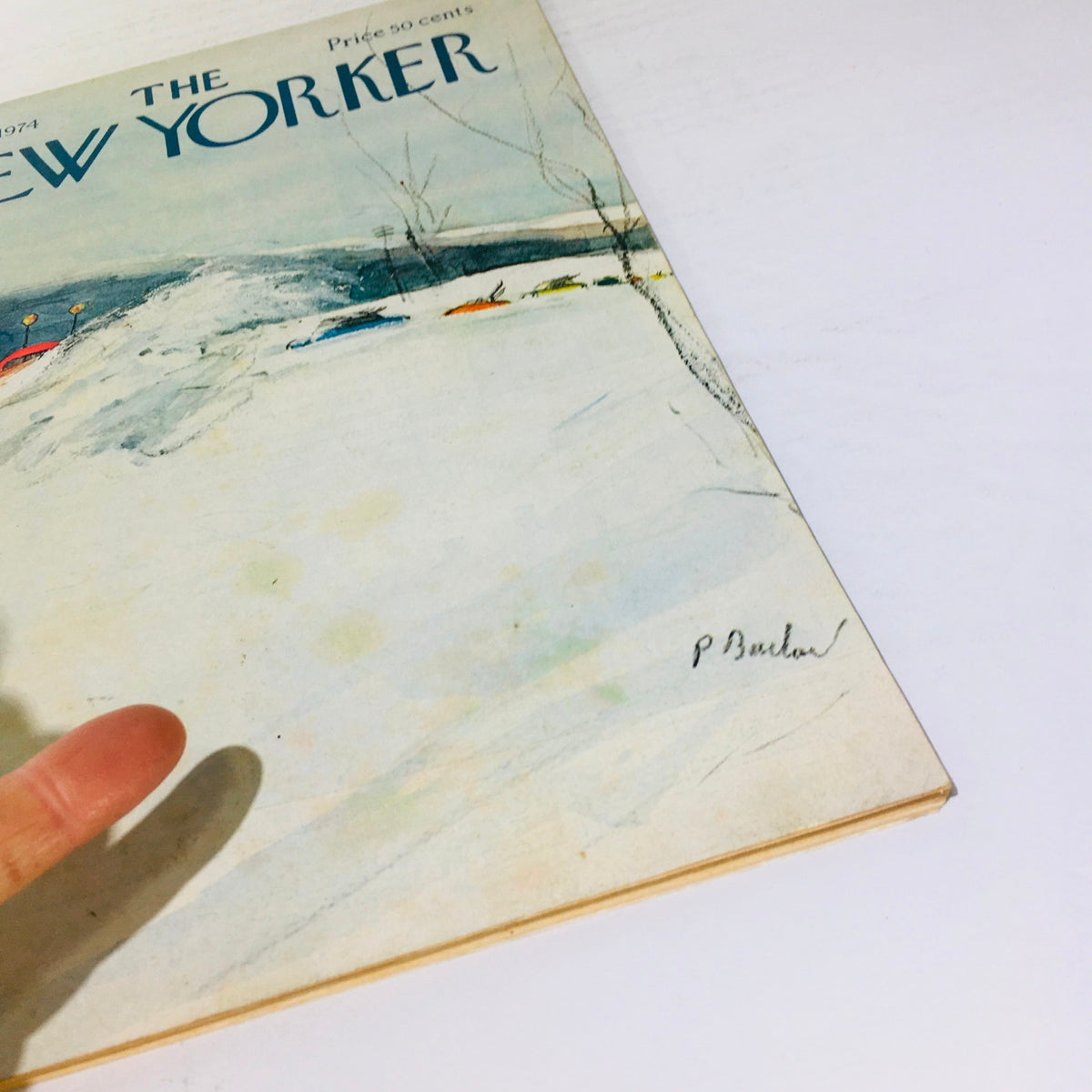 Close-up view of The New Yorker: January 28 1974 Full Magazine Cover, highlighting details of the cover art including vintage vehicles and signature by Perry Barlow.