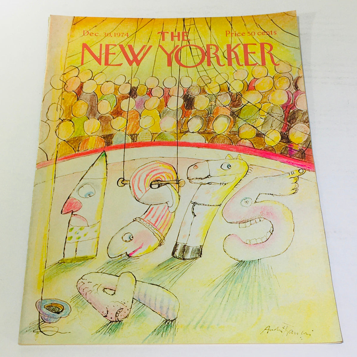 The New Yorker: December 30 1974 Full Magazine cover by Andre Francois, featuring whimsical illustrations of numbers and characters in vibrant colors.