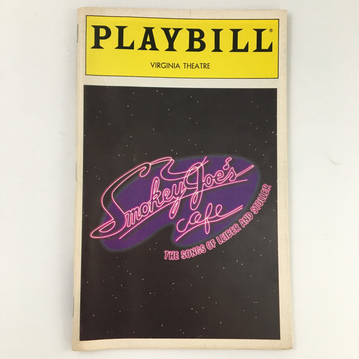1995 Playbill Virginia Theatre 'Smokey Joe's Cafe' cover featuring vibrant neon design and classic Broadway branding.