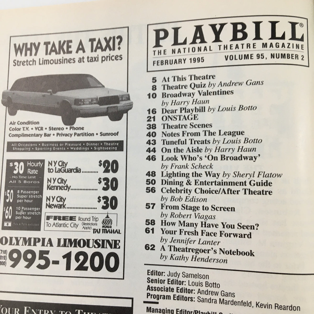 1995 Playbill Virginia Theatre 'Smokey Joe's Cafe' interior page showing entertainment advertisements and theater-related content.