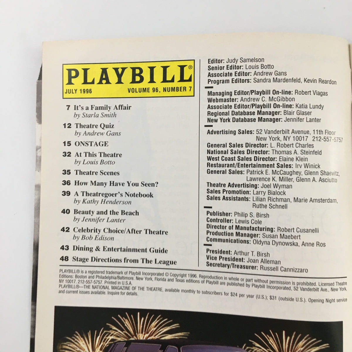 Inside page of the 1996 Playbill showing the table of contents for July 1996, including featured articles and sections.