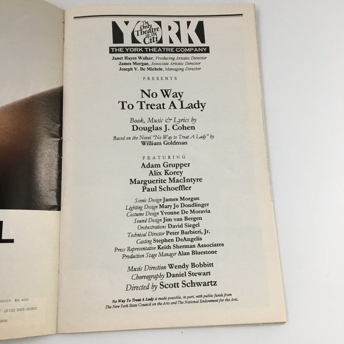 1997 Playbill for No Way To Treat A Lady detailing the cast and production credits, highlighting Adam Grupper and other talented performers from The York Theatre Company.