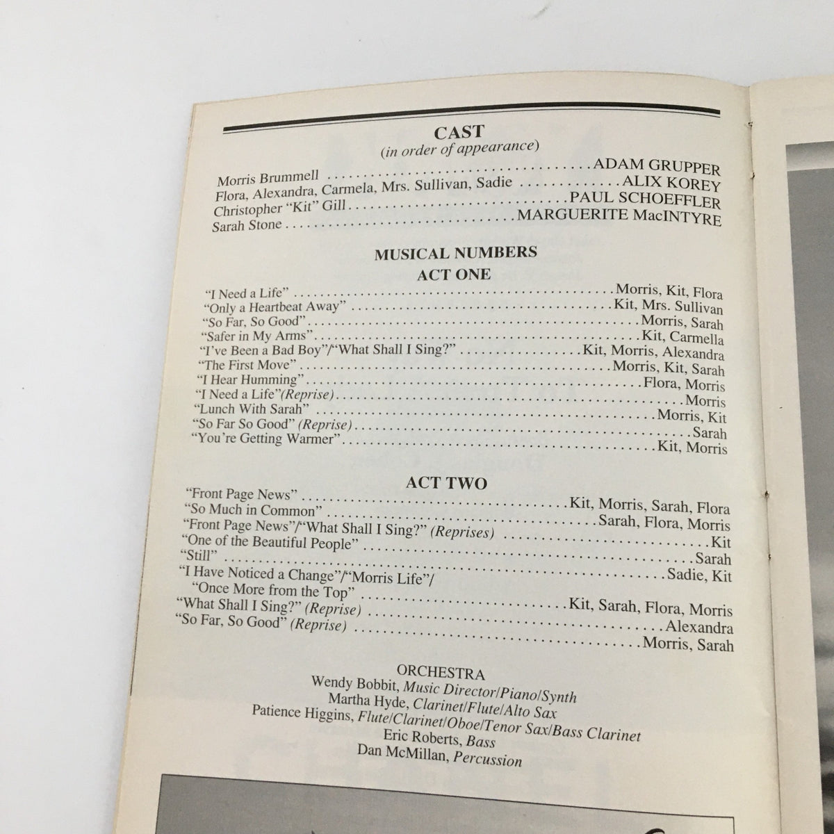 1997 Playbill for No Way To Treat A Lady with a list of musical numbers and cast order, illustrating the featured performances in the production.
