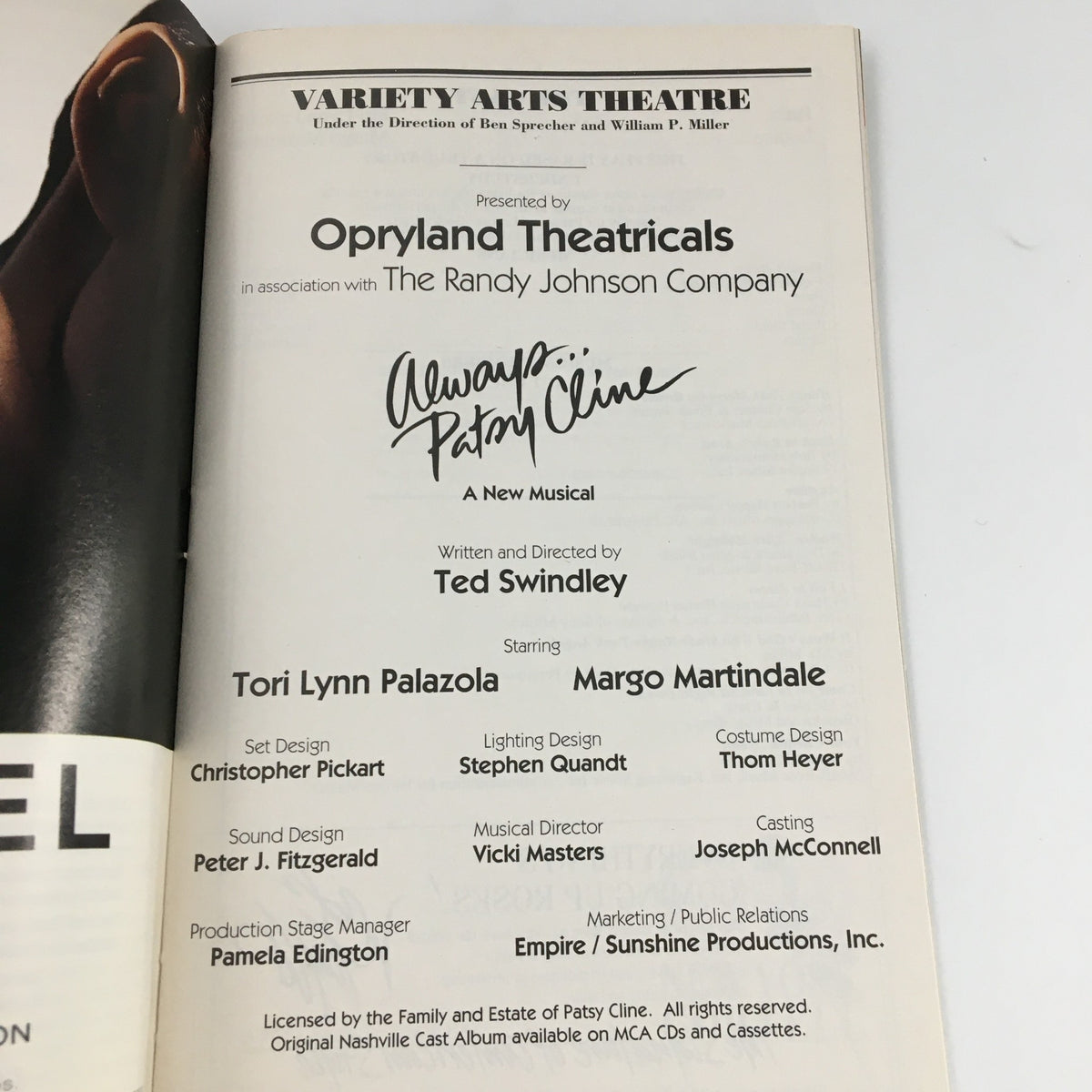 1997 Playbill for 'Always Patsy Cline' at the Variety Arts Theatre, showcasing production details including director information and casting.