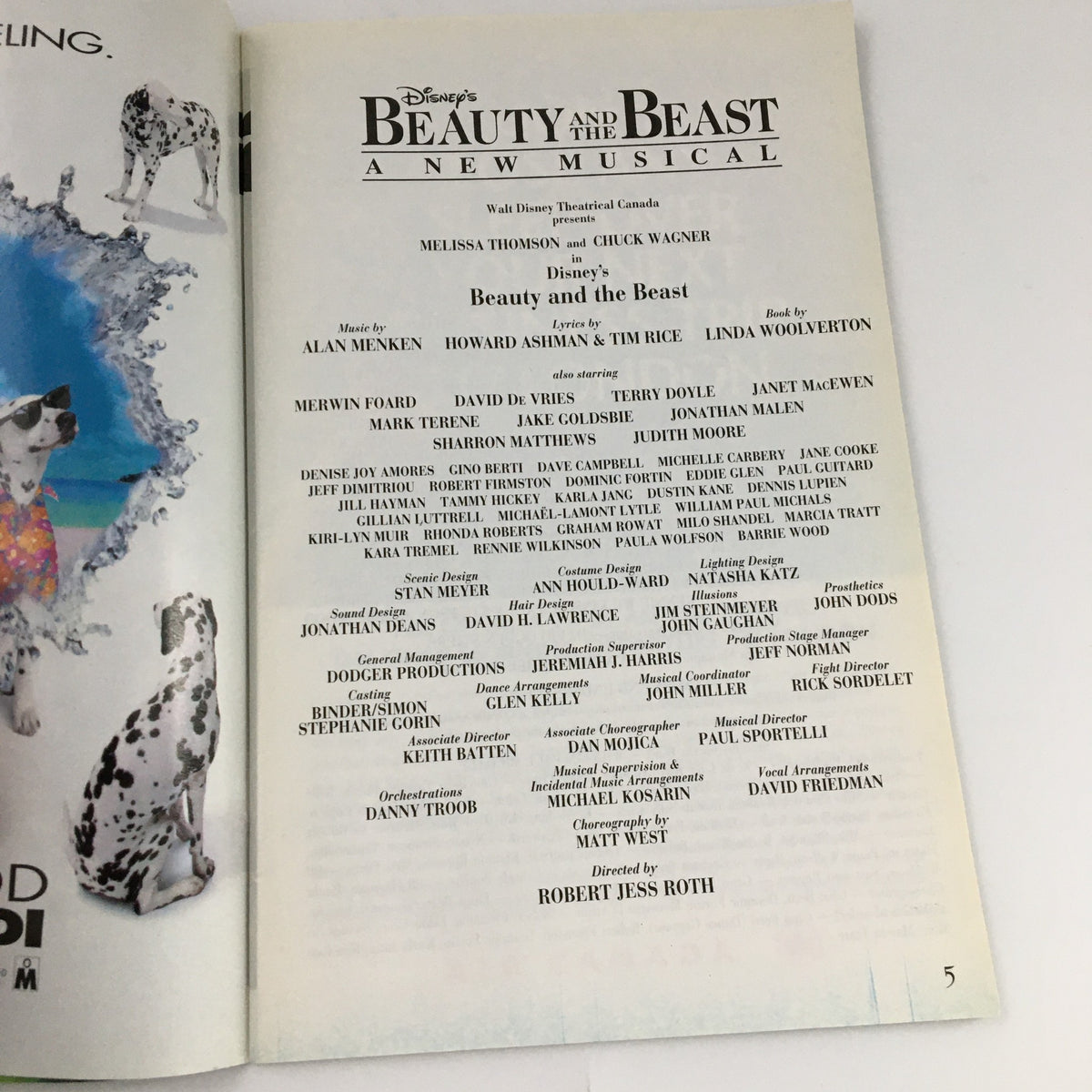 Inside page from the 1997 The Princess of Wales Theatre 'Beauty and the Beast' program, showcasing cast details including Melissa Thomson and Chuck Wagner.