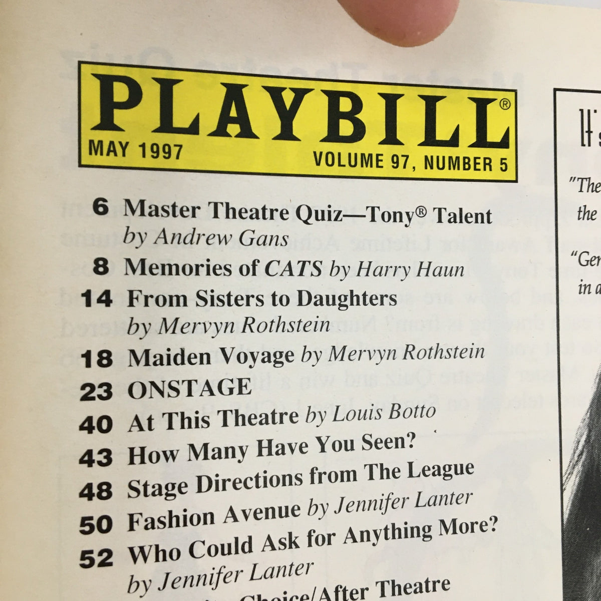 1997 Playbill Lunt-Fontanne Theatre 'Titanic' inside page showcasing the contents and contributions of the May 1997 edition.