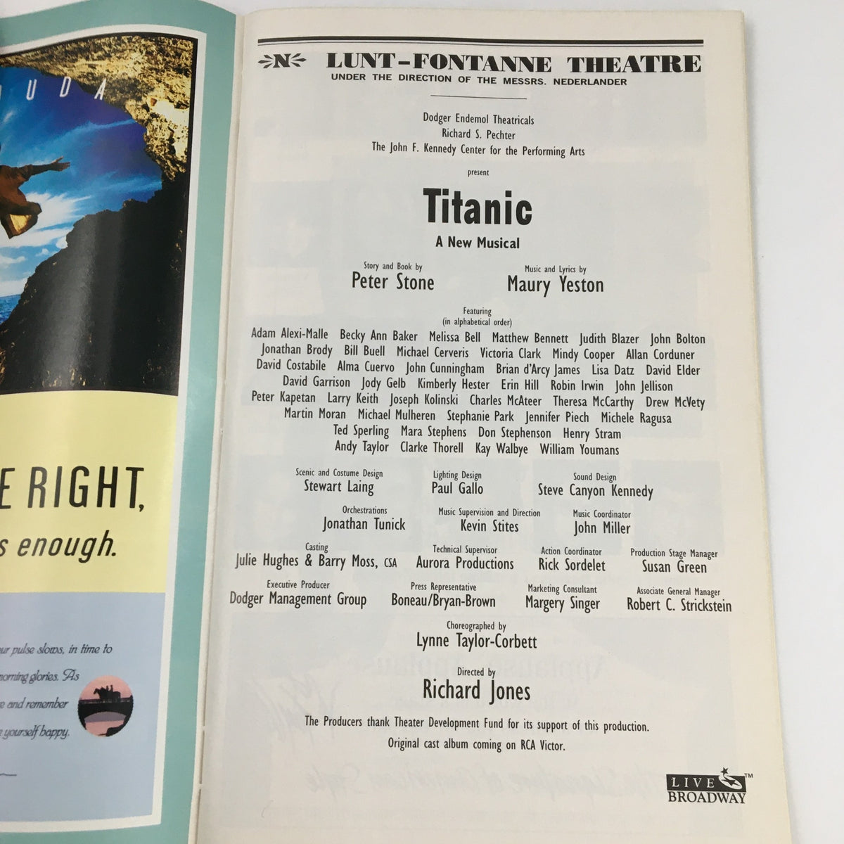 1997 Playbill Lunt-Fontanne Theatre 'Titanic' listing the cast and crew involved in the production of the musical.