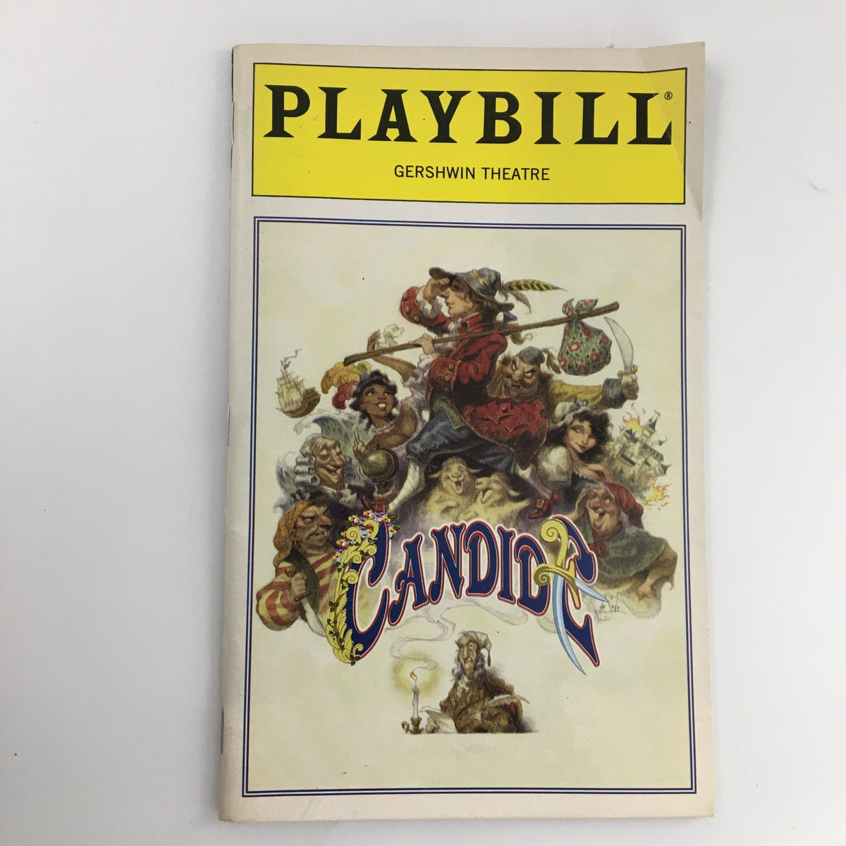 1997 Playbill for 'Candide' at Gershwin Theatre featuring colorful artwork and character depictions.