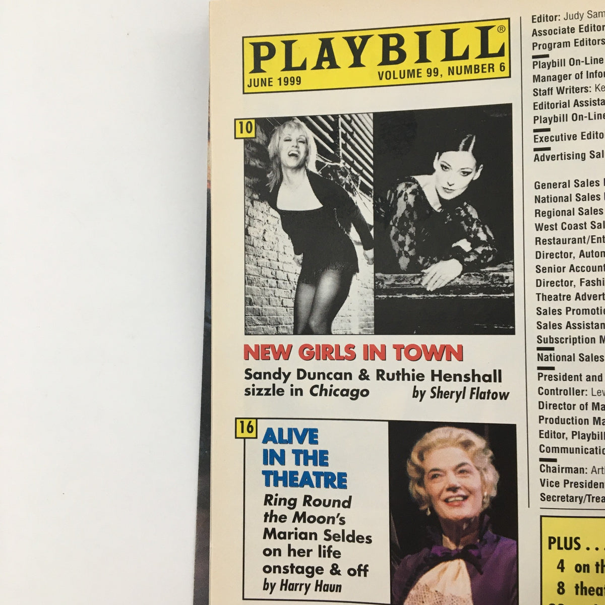 Inside cover of the June 1999 Playbill for 'Annie Get Your Gun', highlighting upcoming shows including 'New Girls in Town' starring Sandy Duncan and Ruthie Henshall.