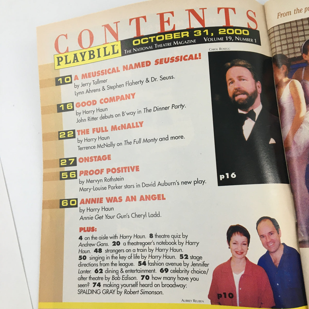 Contents page of the 2000 Playbill for 'A Class Act,' detailing articles and features of the National Theatre Magazine.