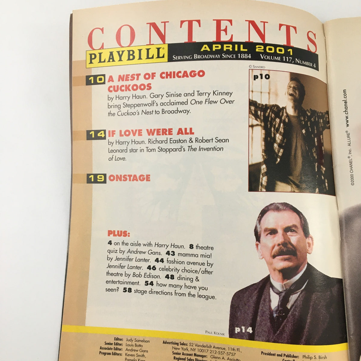 Contents page of the 2001 Playbill for 'Blast' showcasing details of articles and features in the April issue.