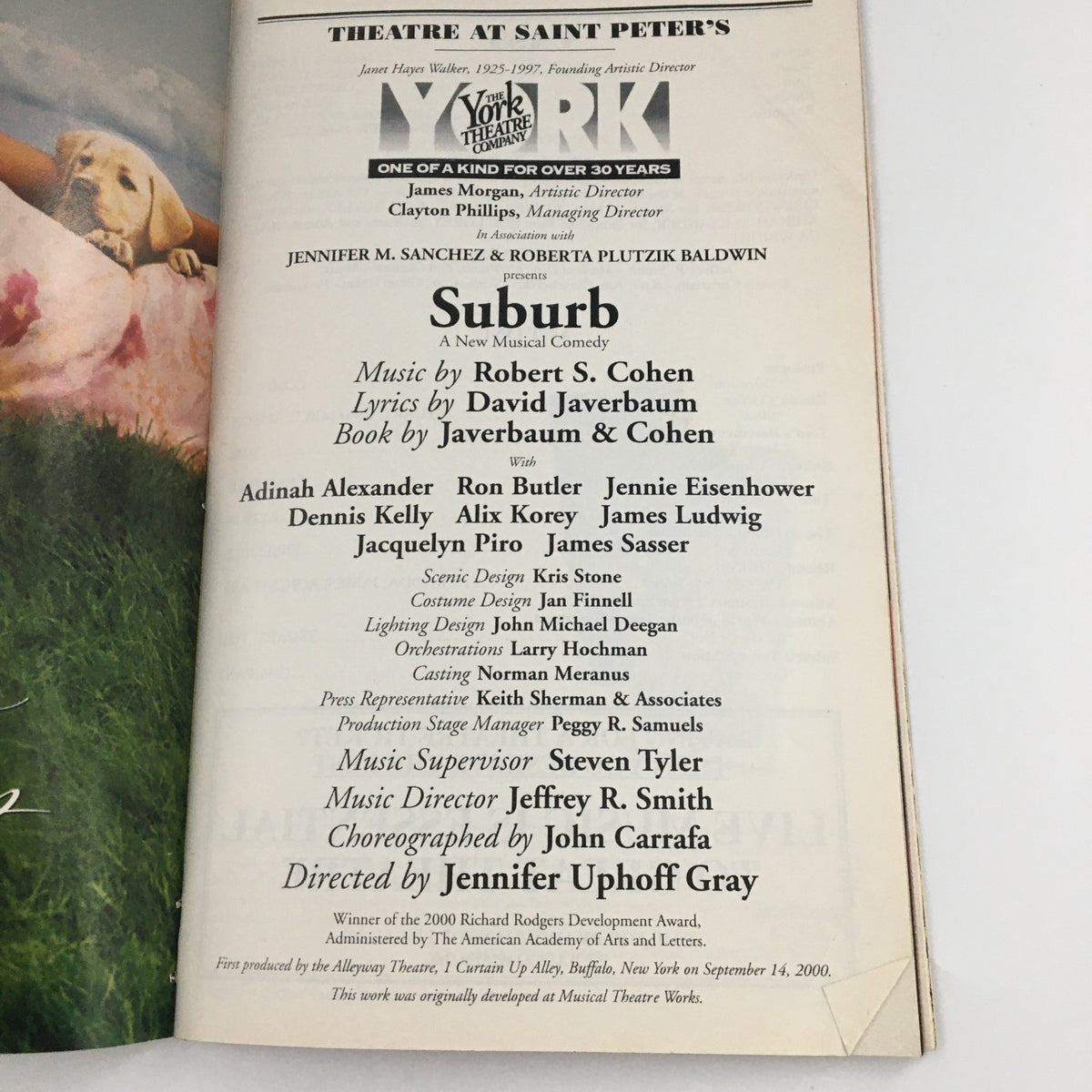 2001 Playbill for York Theatre Company 'Suburb' showcasing the cast list including Adinah Alexander and Ron Butler, and other production details.