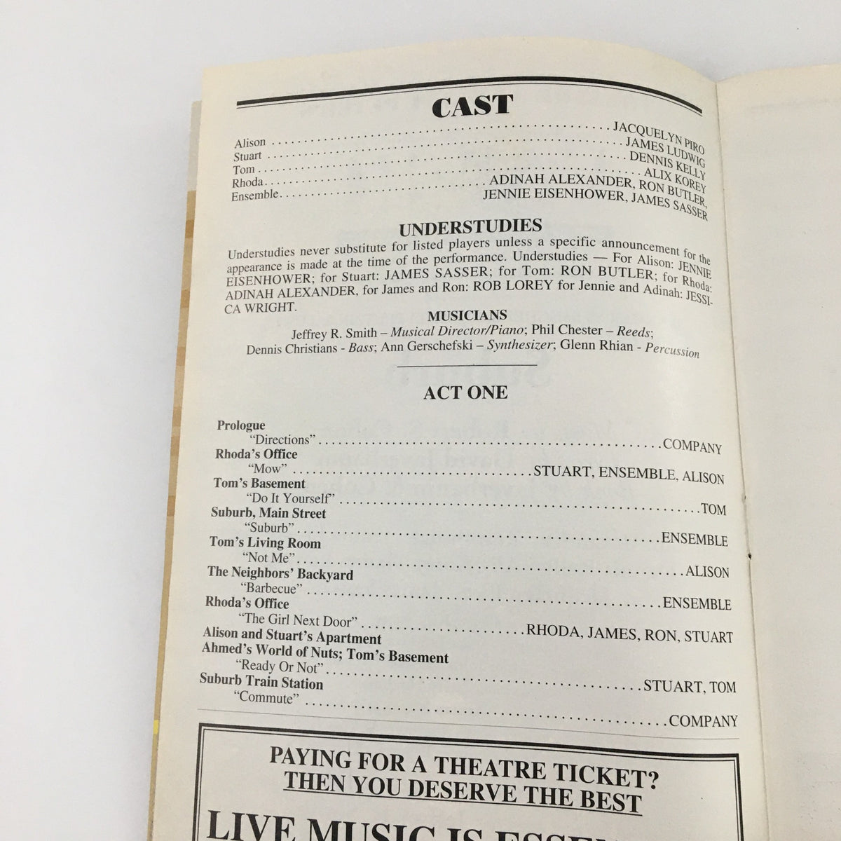 2001 Playbill for York Theatre Company 'Suburb' featuring the musical numbers and cast roles, highlighting Adinah Alexander and Ron Butler's performances.