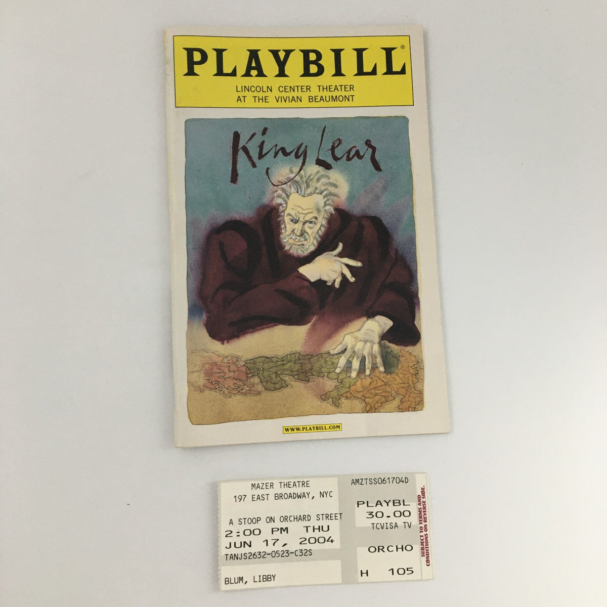 2004 Playbill for King Lear at The Vivian Beaumont, featuring a striking cover illustration and a ticket stub from the performance on June 17, 2004.