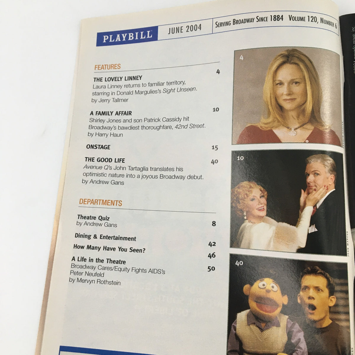 Inside page of the 2004 Playbill for 'Sight Unseen' with features including an article on Laura Linney.