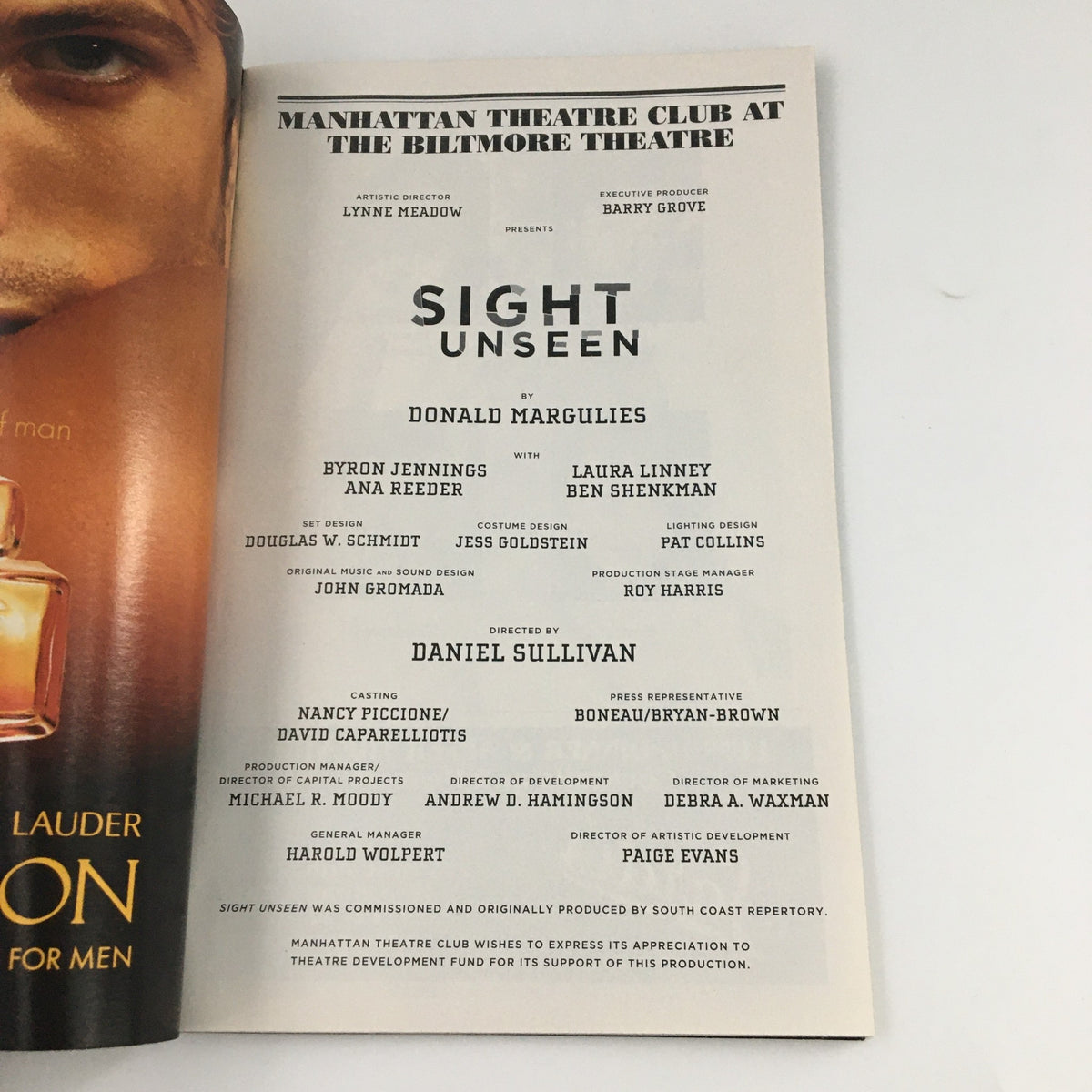 Cast information page from the 2004 Playbill for 'Sight Unseen', detailing production details and creative team.