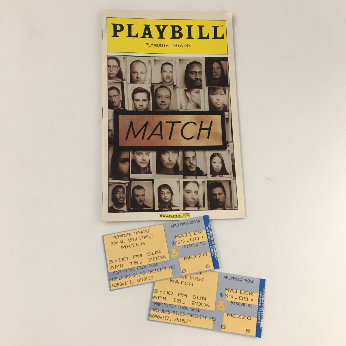 2004 Playbill for the production 'Match' at Plymouth Theatre, displayed with the original tickets, showcasing the front cover and important performance details.