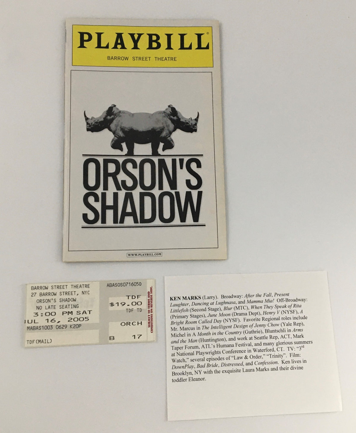 2005 Playbill for 'Orson's Shadow' at Barrow Street Theatre, accompanied by an original ticket and informational papers behind the iconic cover featuring rhinoceroses.