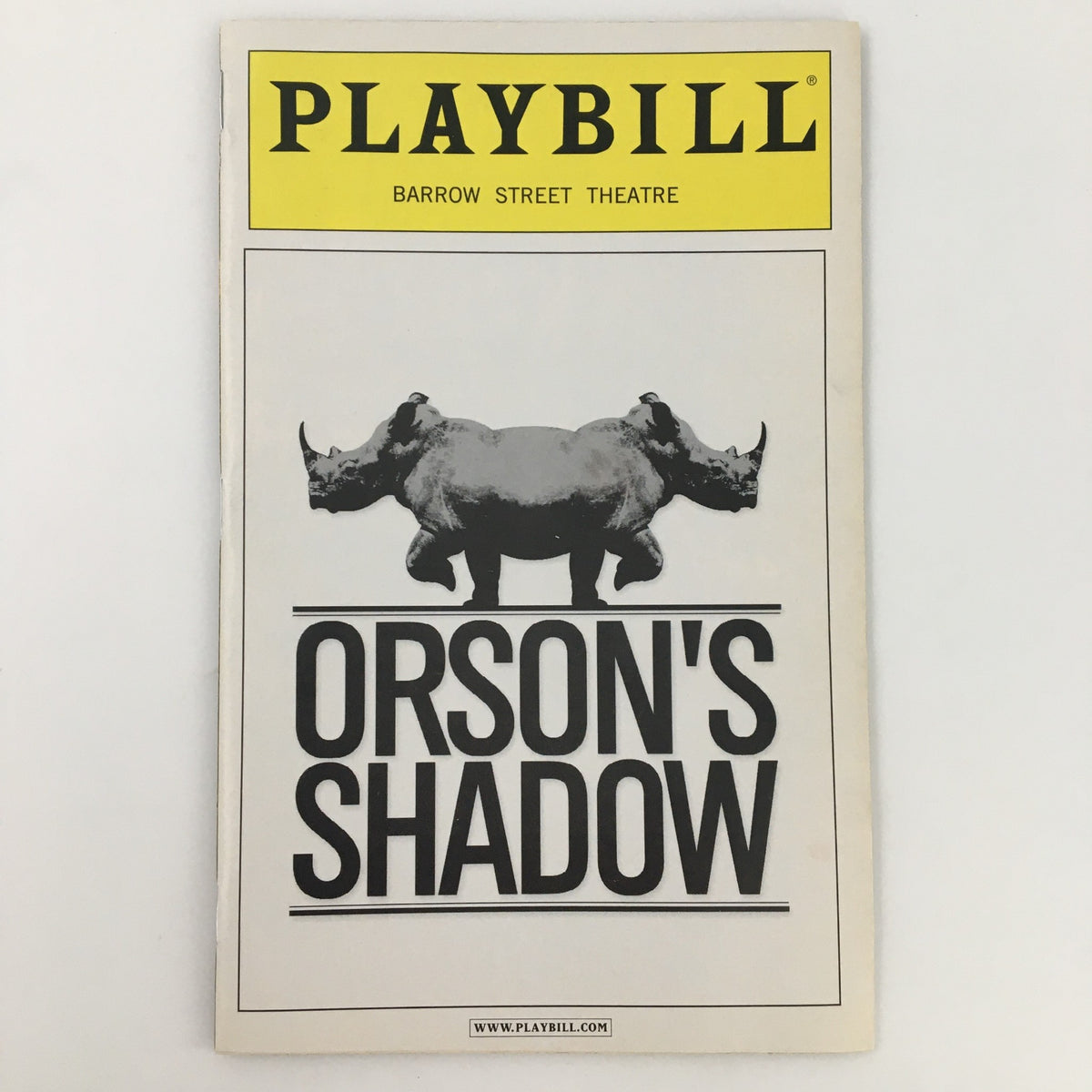 2005 Playbill for 'Orson's Shadow' at Barrow Street Theatre, featuring a distinctive cover design with an illustration of two rhinoceroses, showcasing the title prominently.