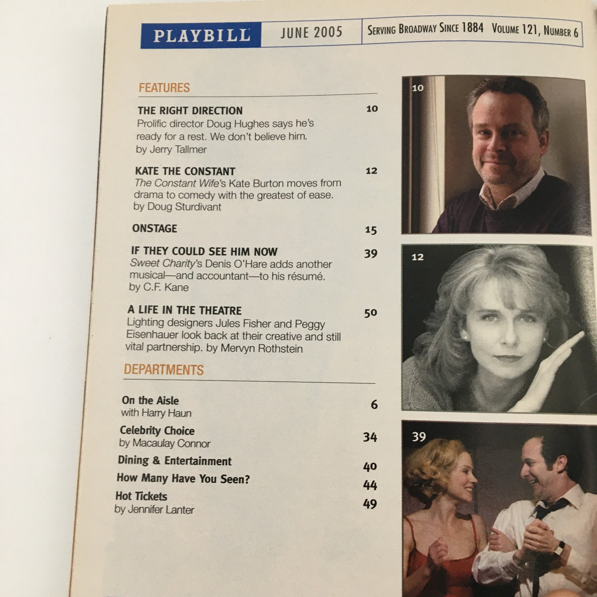 Inside page of the June 2005 Playbill showcasing features and articles related to theater, including 'The Right Direction' and 'Kate the Constant'.