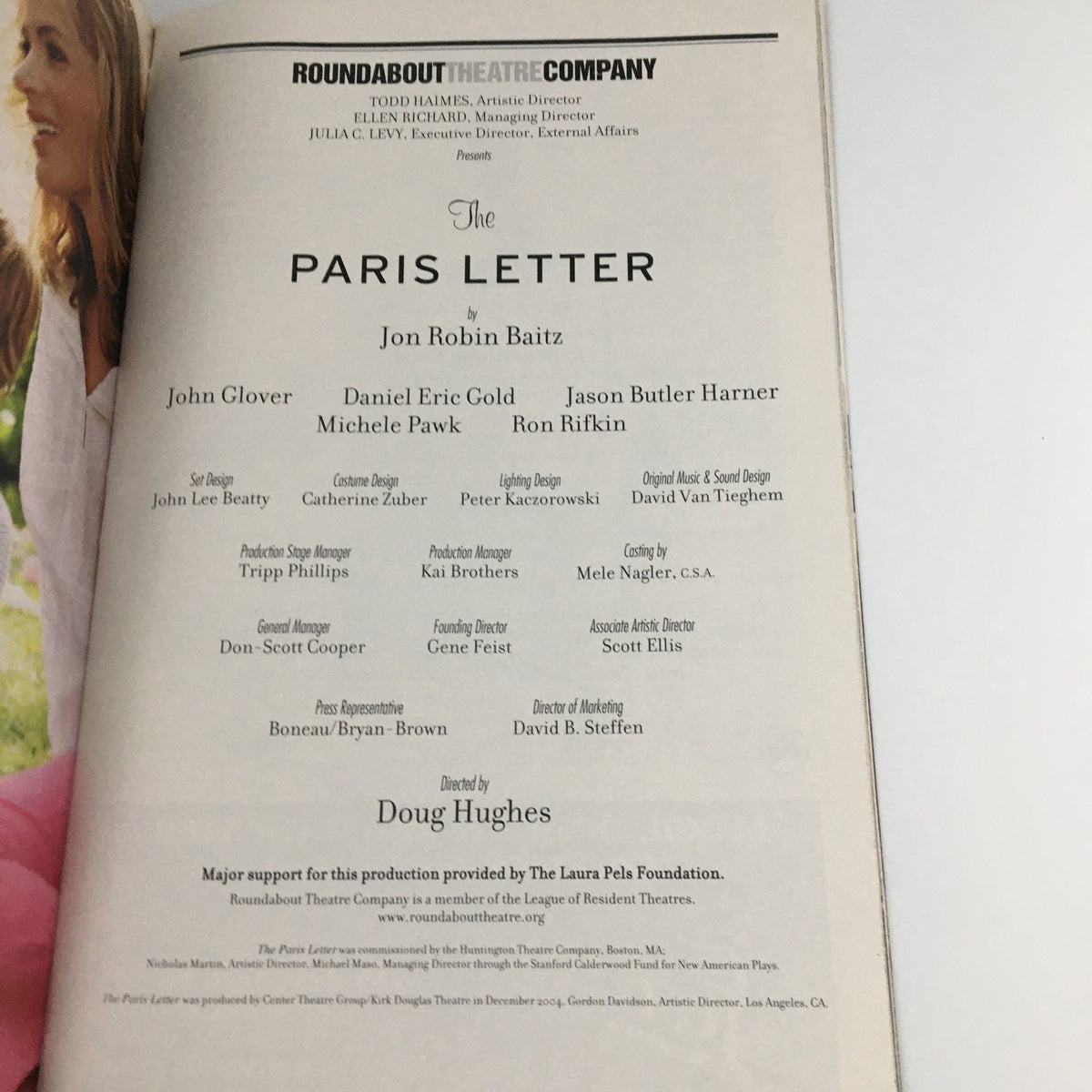 Page from the 2005 Playbill of 'The Paris Letter' detailing the production credits and creative team, including Jon Robin Baitz and others.