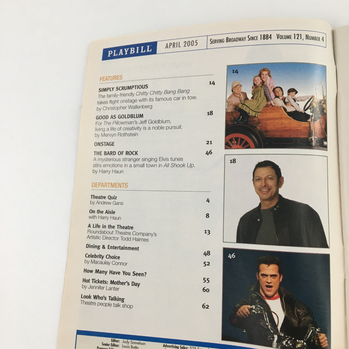 Inside page of the 2005 Playbill for Dodger Stages highlighting features from April 2005, including articles related to Broadway shows and personalities.