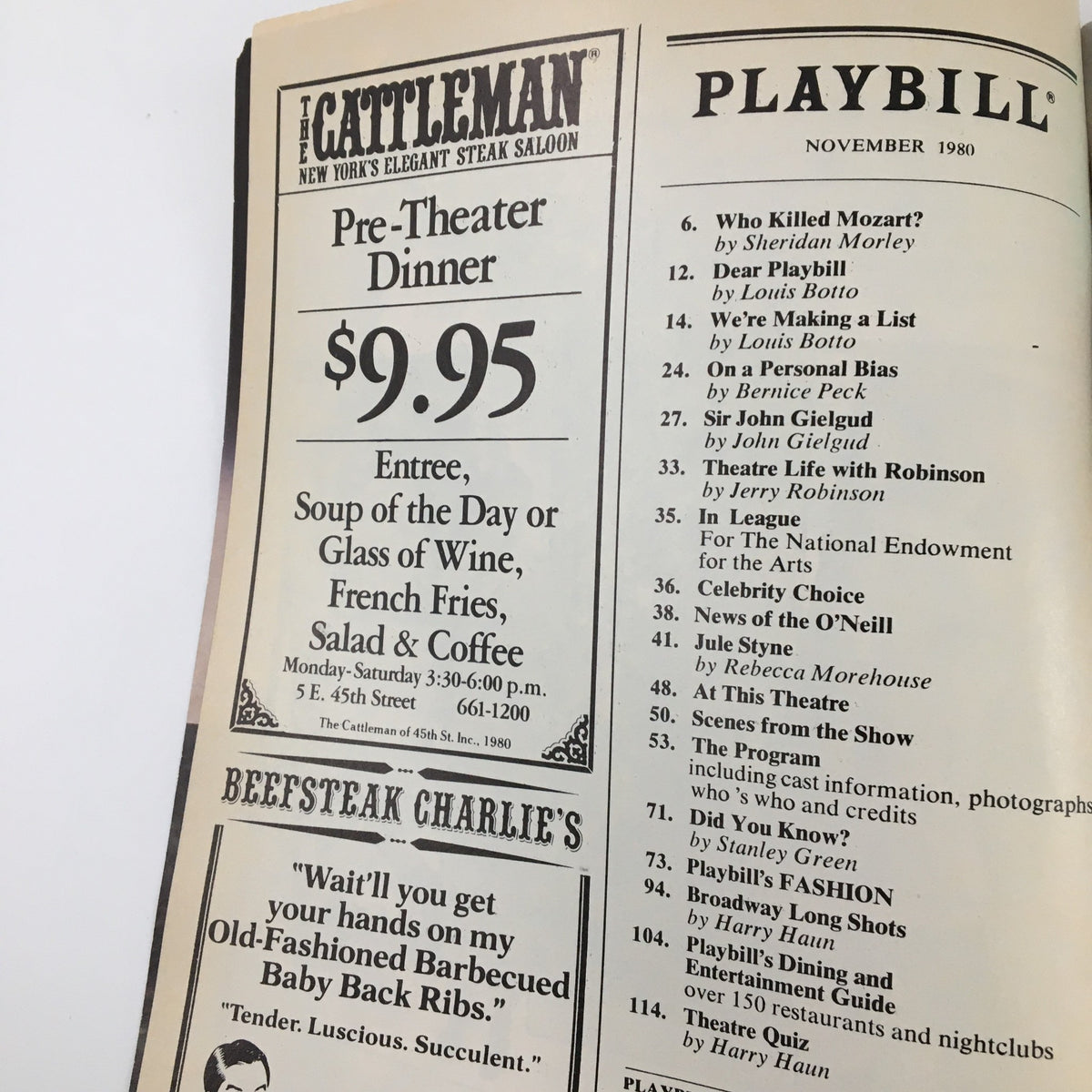 Page from the November 1980 Playbill for 'Perfectly Frank' at the Helen Hayes Theatre showcasing pre-theater dinner information and advertisements.