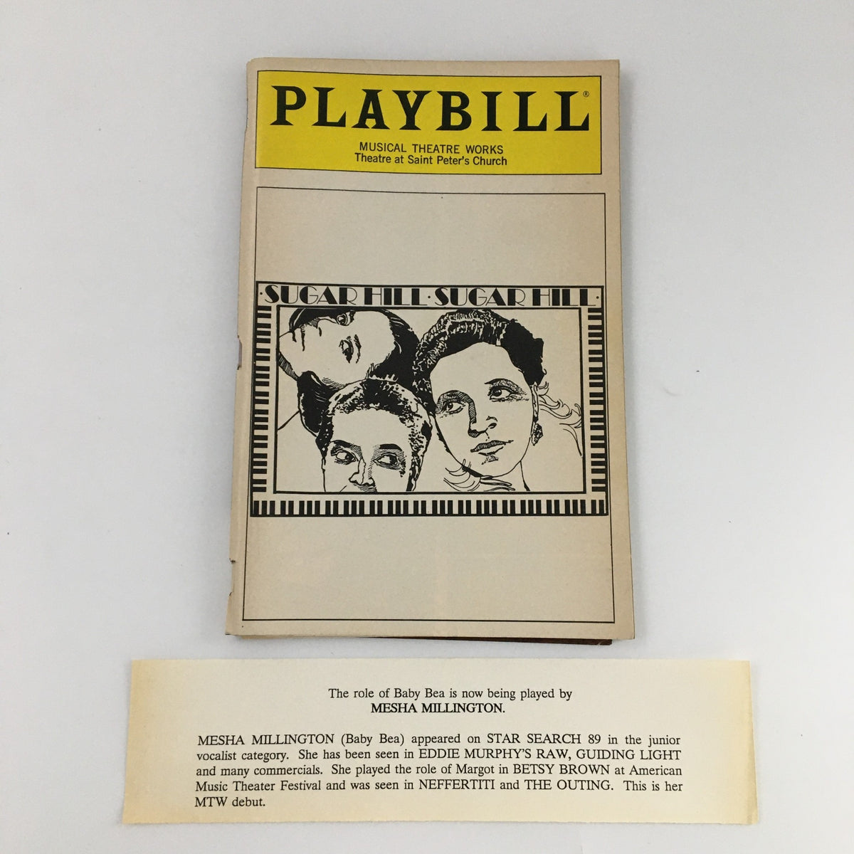 1990 Playbill for the musical 'Sugar Hill' featuring Tatyana Ali and Cheryl Freeman. The cover includes a graphic illustration and details of the production.