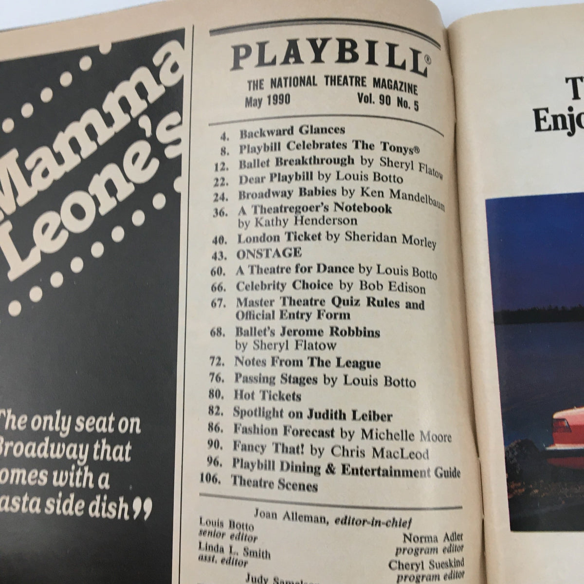Inside page of the 1990 Playbill for 'Sugar Hill' showcasing a listing of contents and features from the May 1990 issue of the National Theatre Magazine.