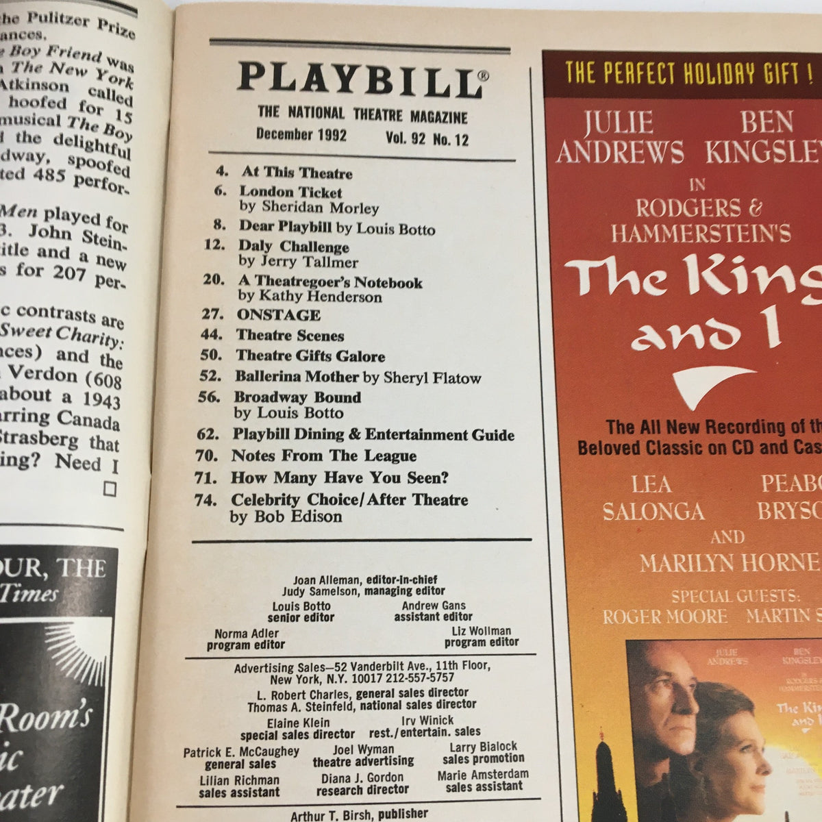 Another inside page of the 1992 Playbill for 'Noel & Gertie,' featuring advertisements and articles from December 1992.
