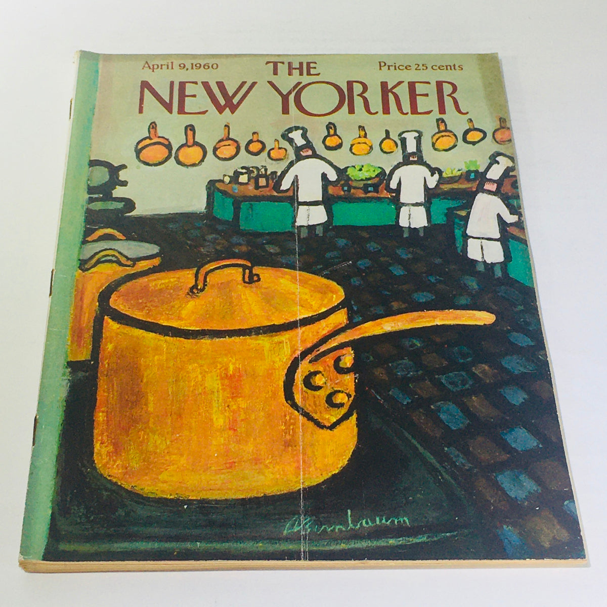 Vintage cover of The New Yorker: April 9 1960 featuring colorful artwork by Abe Birnbaum, showcasing chefs and kitchen utensils.