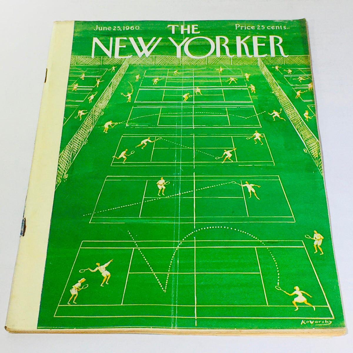Cover of The New Yorker magazine from June 25, 1960, illustrated by Anatol Kovarsky, featuring a vibrant green tennis scene with players on multiple courts.