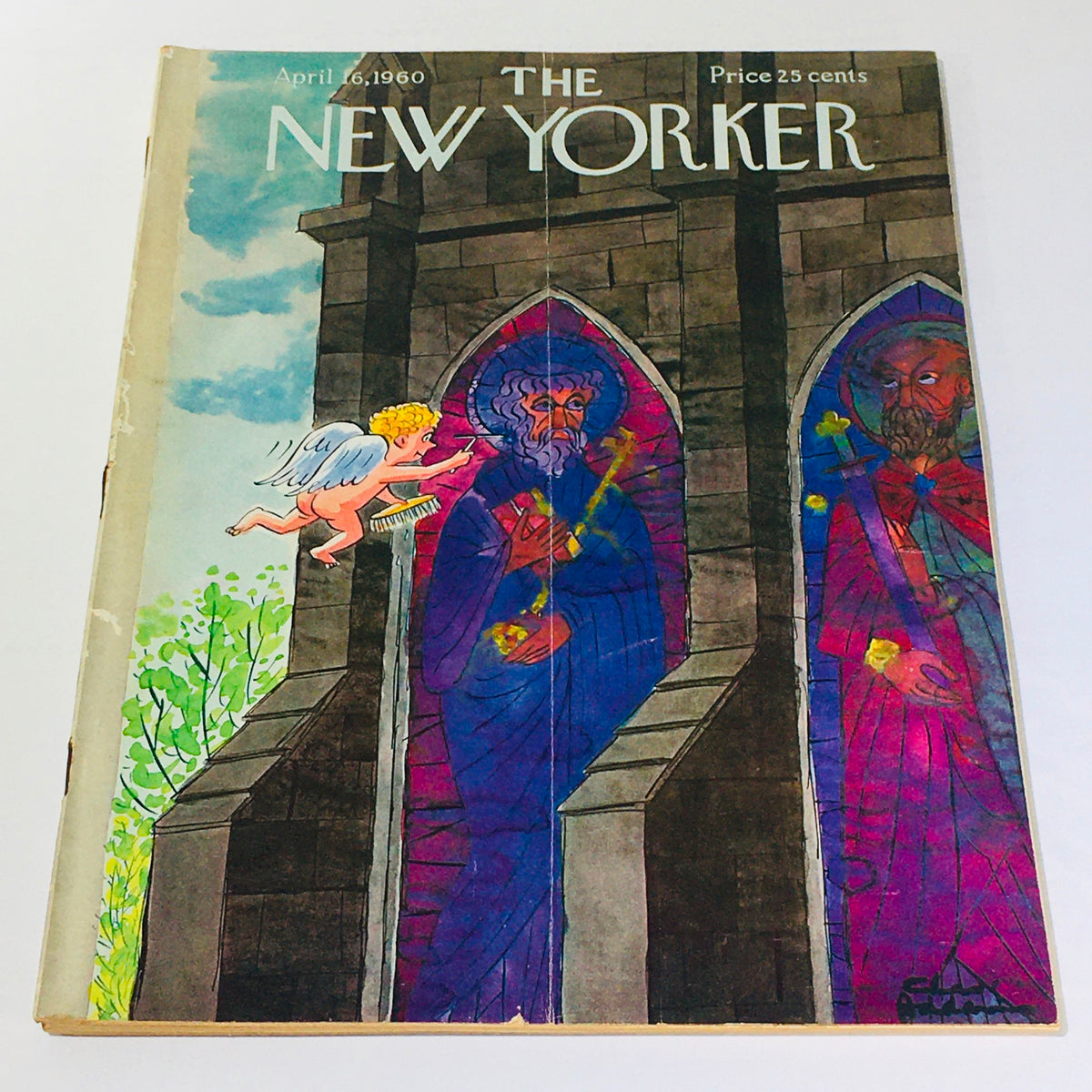 Cover of The New Yorker: April 16 1960 featuring whimsical artwork by Chas Addams, showcasing a cherub with angels and two colorful figures in a gothic setting.