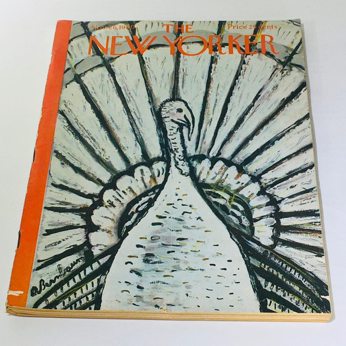 Cover of The New Yorker magazine from November 26, 1960, featuring a themed illustration of a turkey by Abe Birnbaum, reflecting Thanksgiving celebrations.