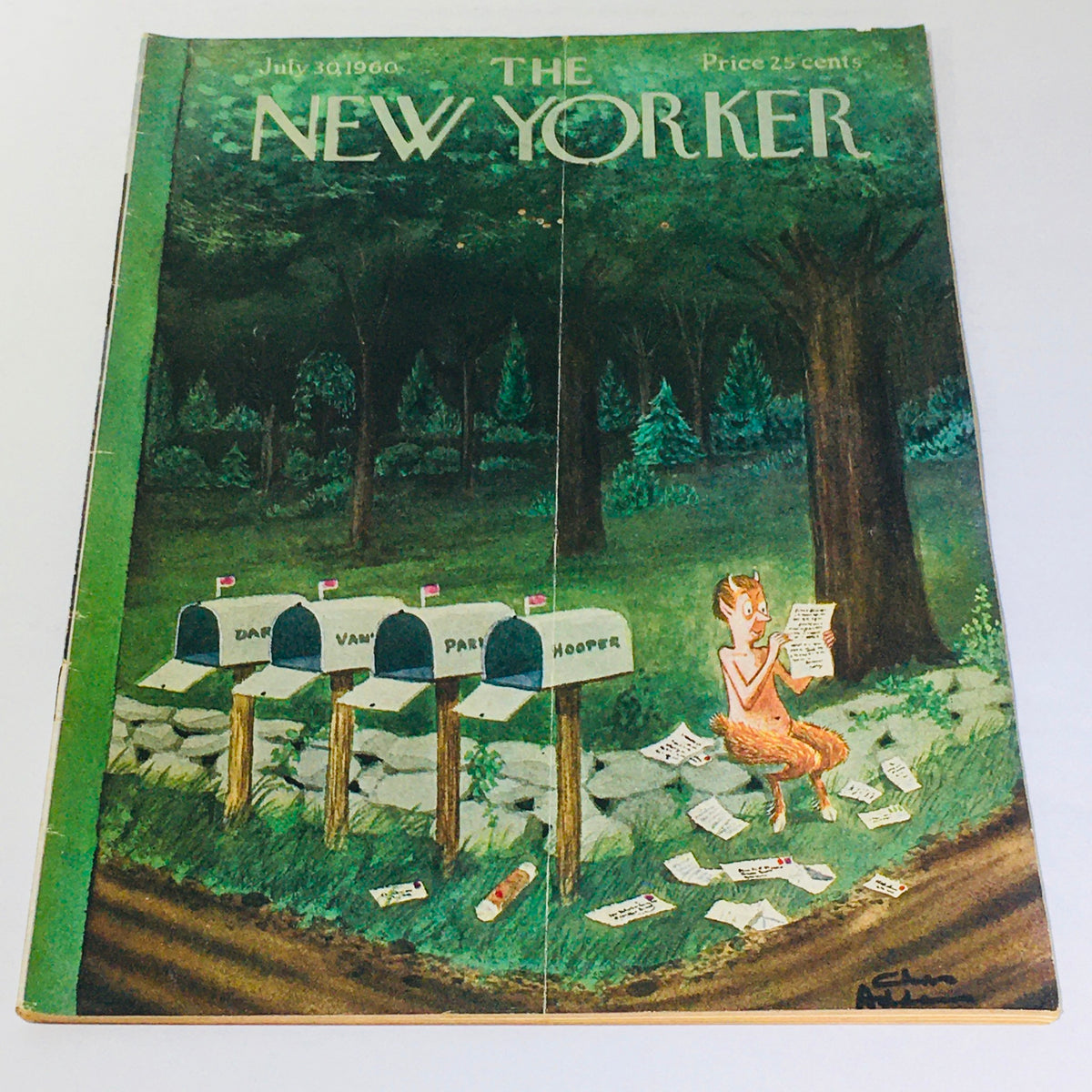 The New Yorker: July 30 1960 Full Magazine cover featuring a whimsical illustration by Chas Addams, depicting a creature by mailboxes in a forested setting.