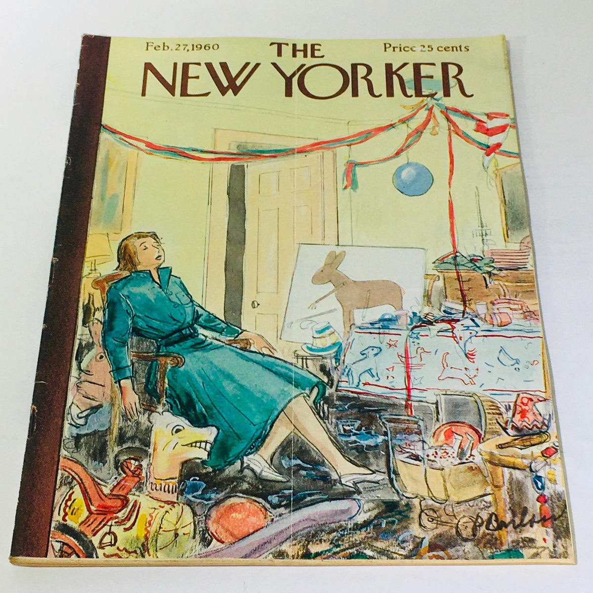 The New Yorker: February 27, 1960 Full Magazine cover showcasing a woman in a teal dress surrounded by vintage toys and decor, illustrated by Perry Barlow.