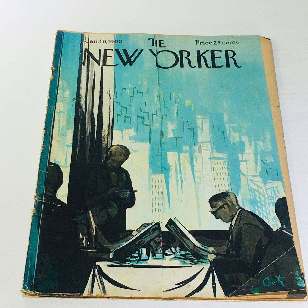 The New Yorker: January 16, 1960 Full Magazine cover art by Arthur Getz, featuring a cityscape and figures engaged in conversation.