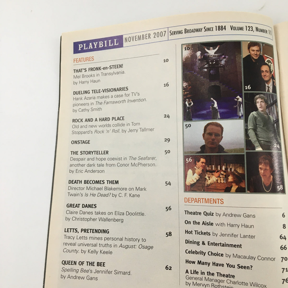 Inside page of the 2007 Playbill for Cymbeline, listing features and articles from November 2007.