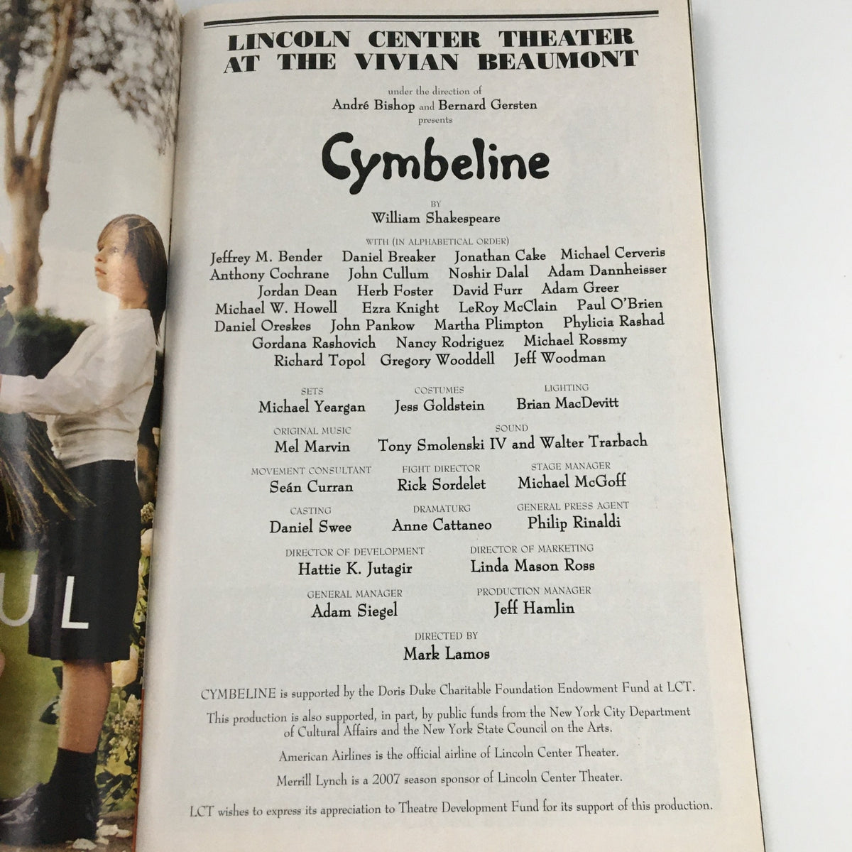 Cast and creative team credits from the 2007 Playbill for Cymbeline at Lincoln Center Theater, showcasing notable performers and directors.